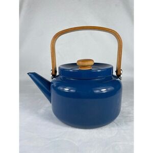 Vintage Cobalt Blue Enamel Tea Kettle with Bentwood Handle Scandinavian Style